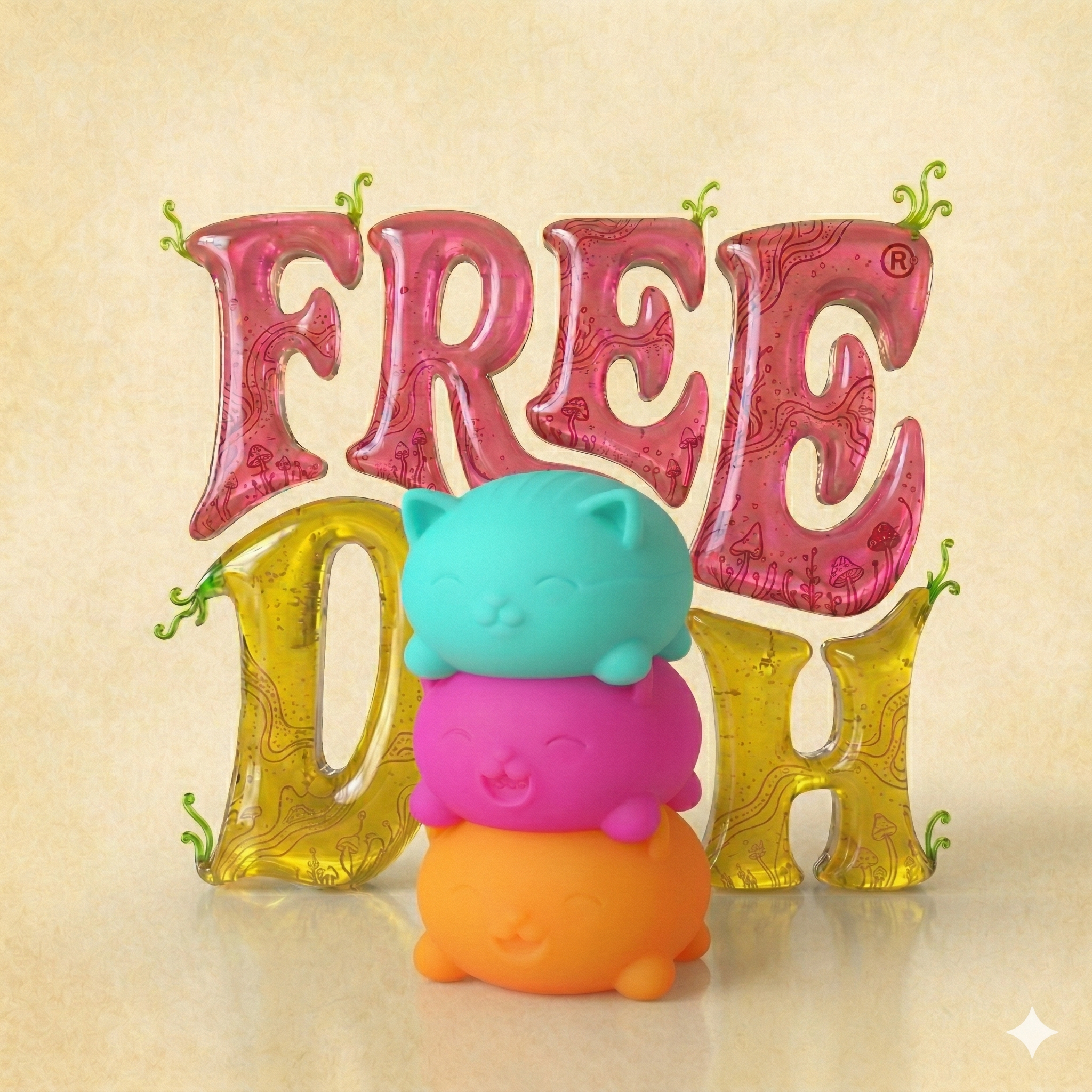 FREE DOH Translucent Jelly Teenie Cats Cool Cats Squishy Toys - 3-Pack Set with Fuchsia, Orange, and Teal Fidget Cats (Sensory Stress Relief)