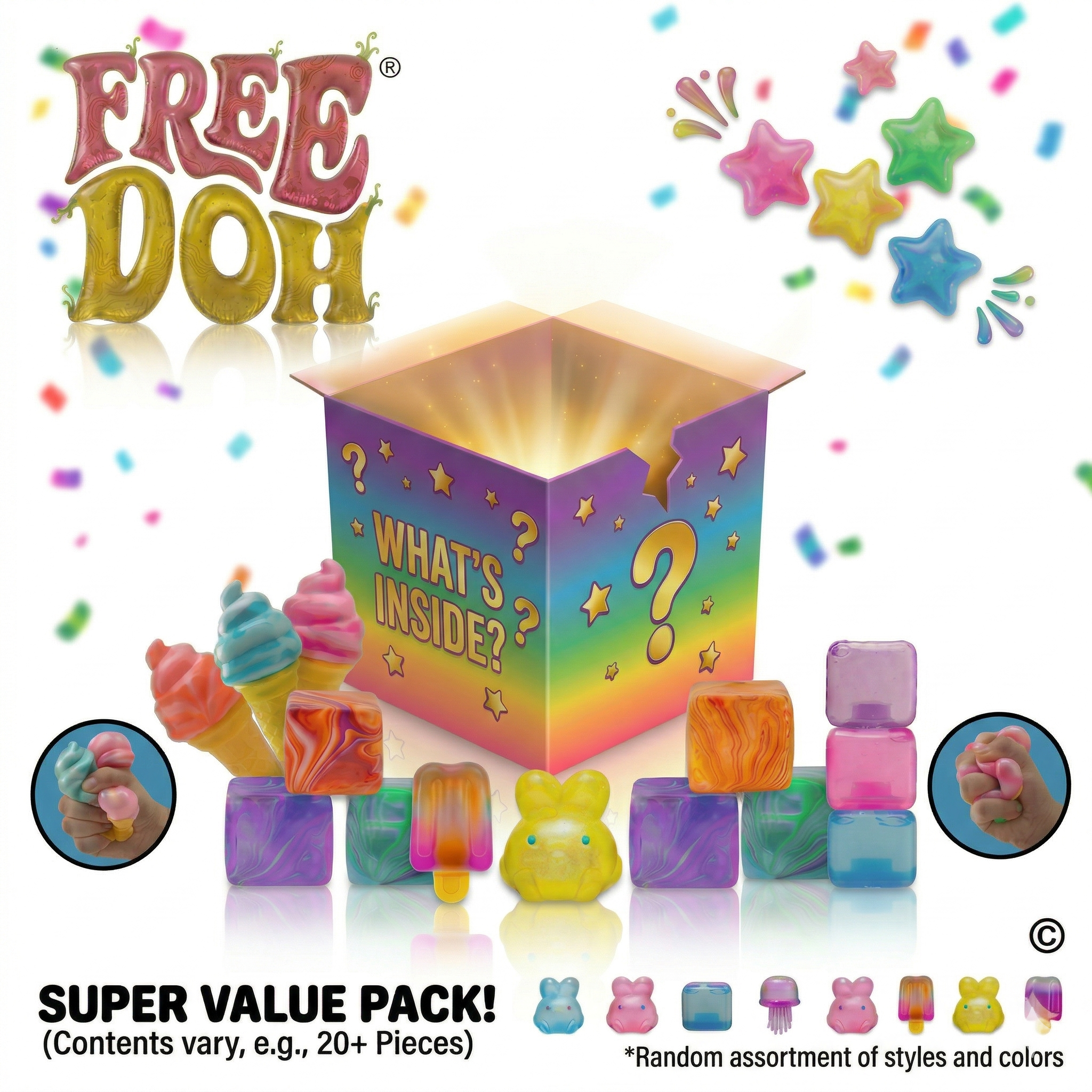 FREE DOH "What's Inside?" Super Value Pack – 20+ Piece Mystery Sensory Squishy Box (Random Assortment)